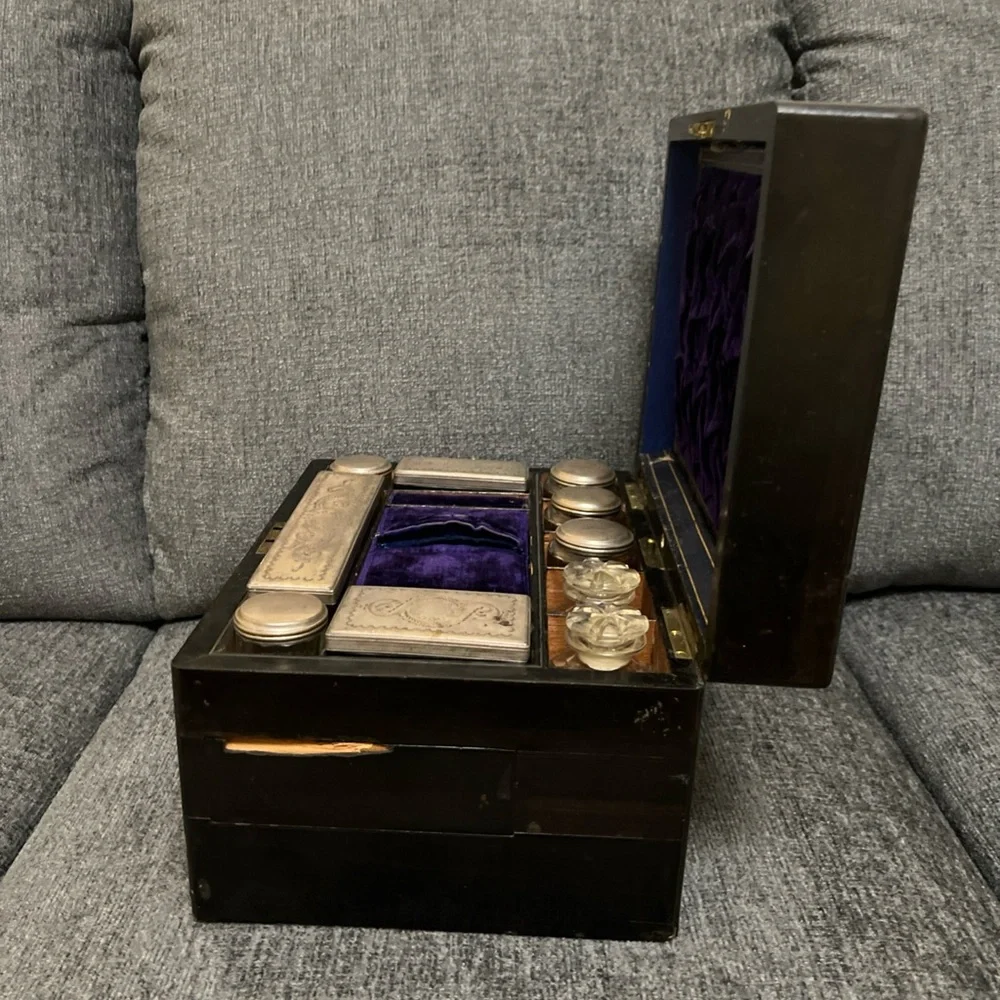 Antique Victorian Coromandel Traveling Vanity Box Brass Inlay Secret Doors